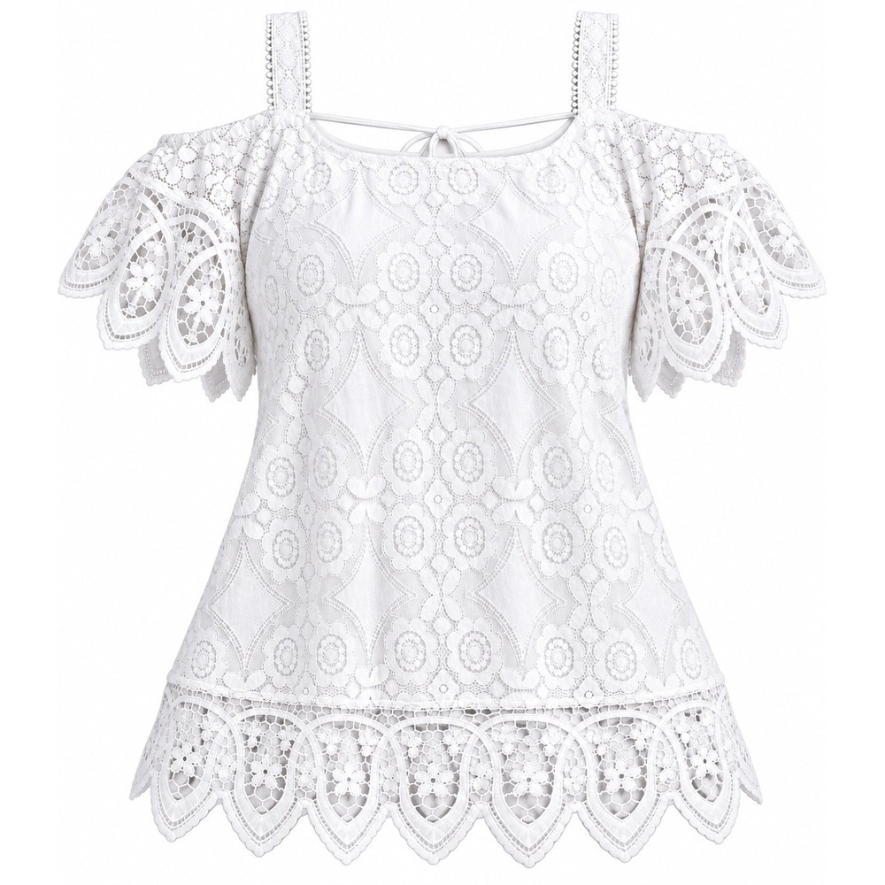 Shein Curve White Lace Cold Shoulder Flutter Sleeve Blouse Top 0XL
